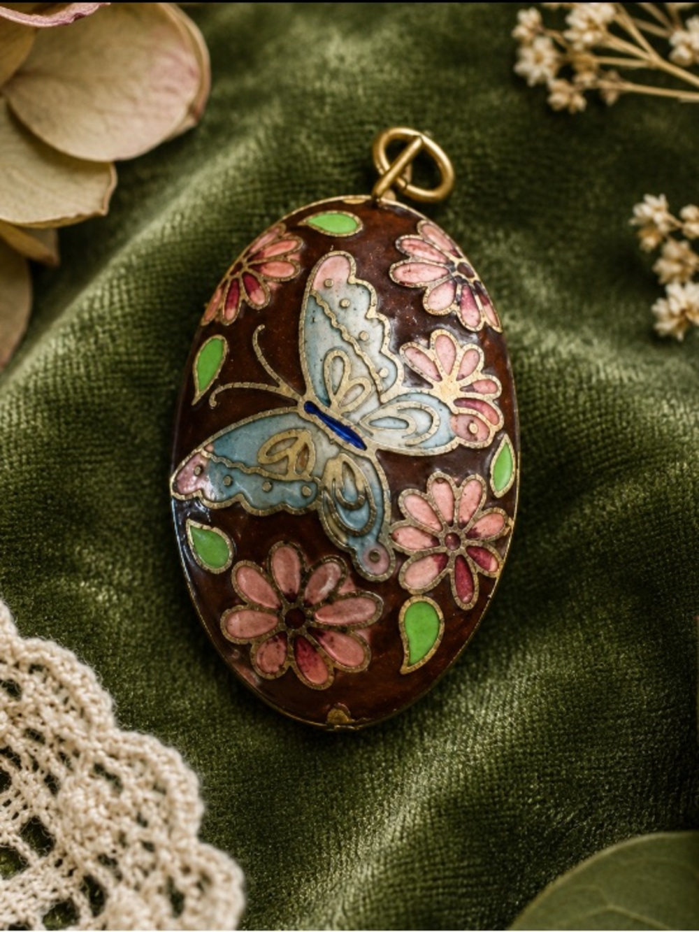 Beautiful Vintage Cloisonné Floral Butterfly Pendant